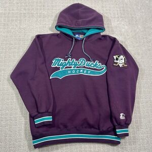 VTG 90s Anaheim Mighty Ducks Large NHL Hockey Purple Starter Hoodie Sweatshirt